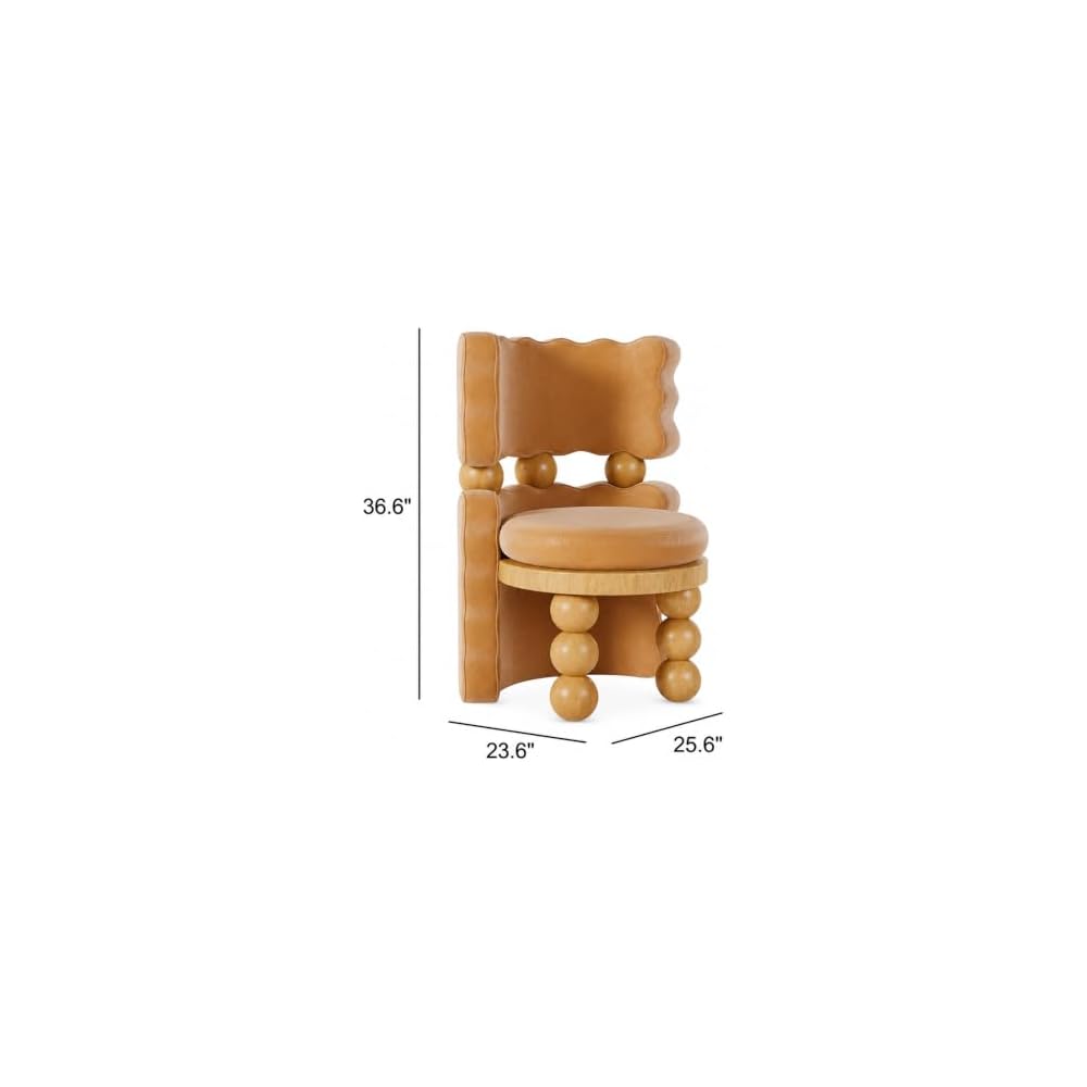 Tan Upholstered Accent Chair with Sculptural Wood Ball Legs and Curved Back