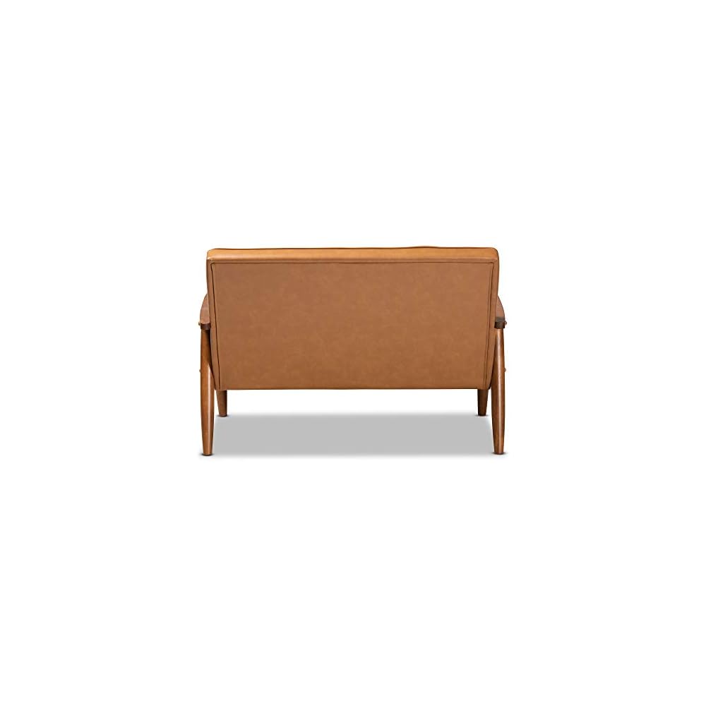 Baxton Studio Sorrento Mid-Century Modern Tan Faux Leather Upholstered and Walnut Brown Finished Wood Loveseat