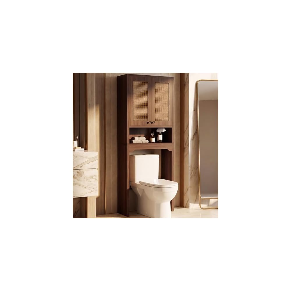 Over the Toilet Storage Cabinet with Doors, Rattan Bathroom Cabinet, White