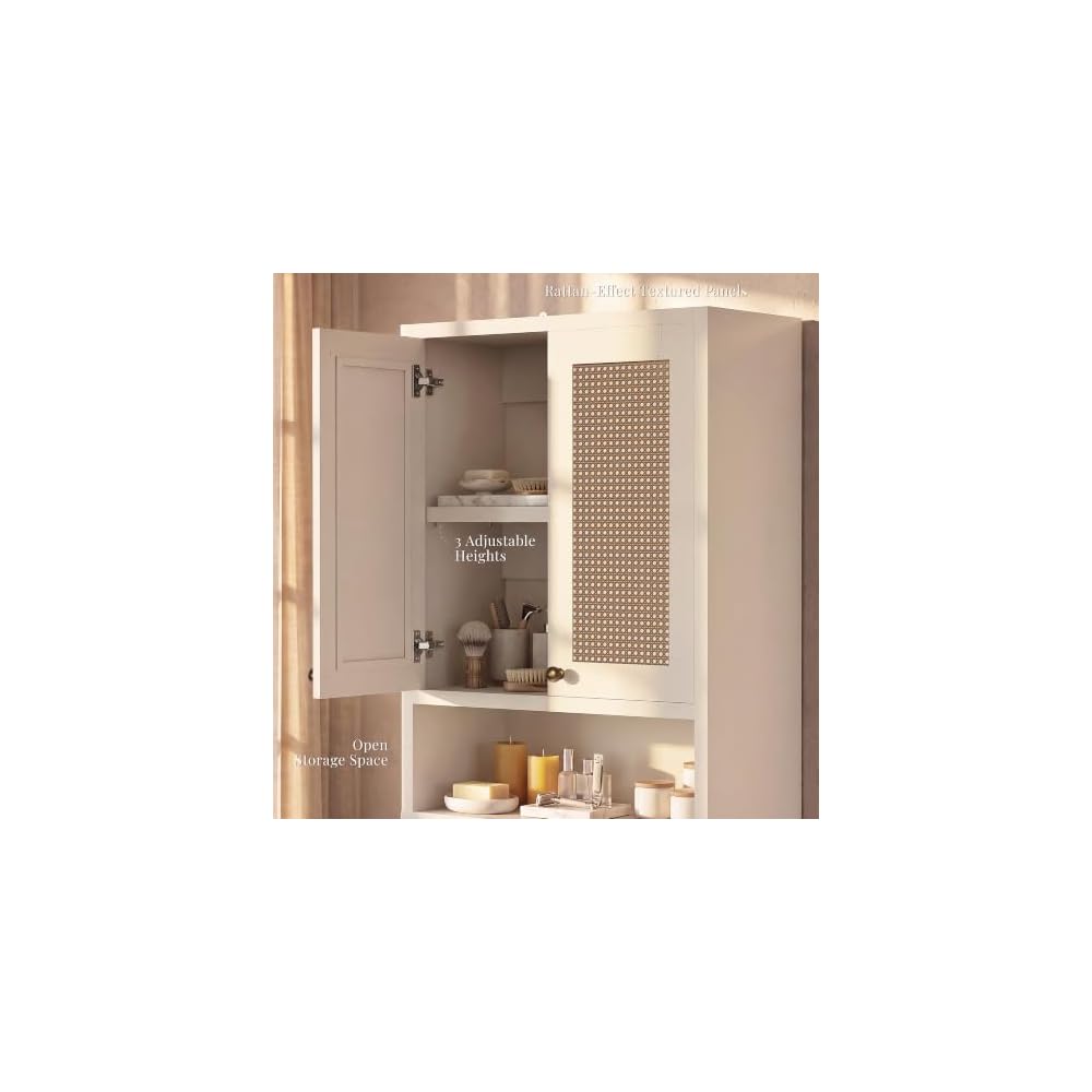 Over the Toilet Storage Cabinet with Doors, Rattan Bathroom Cabinet, White