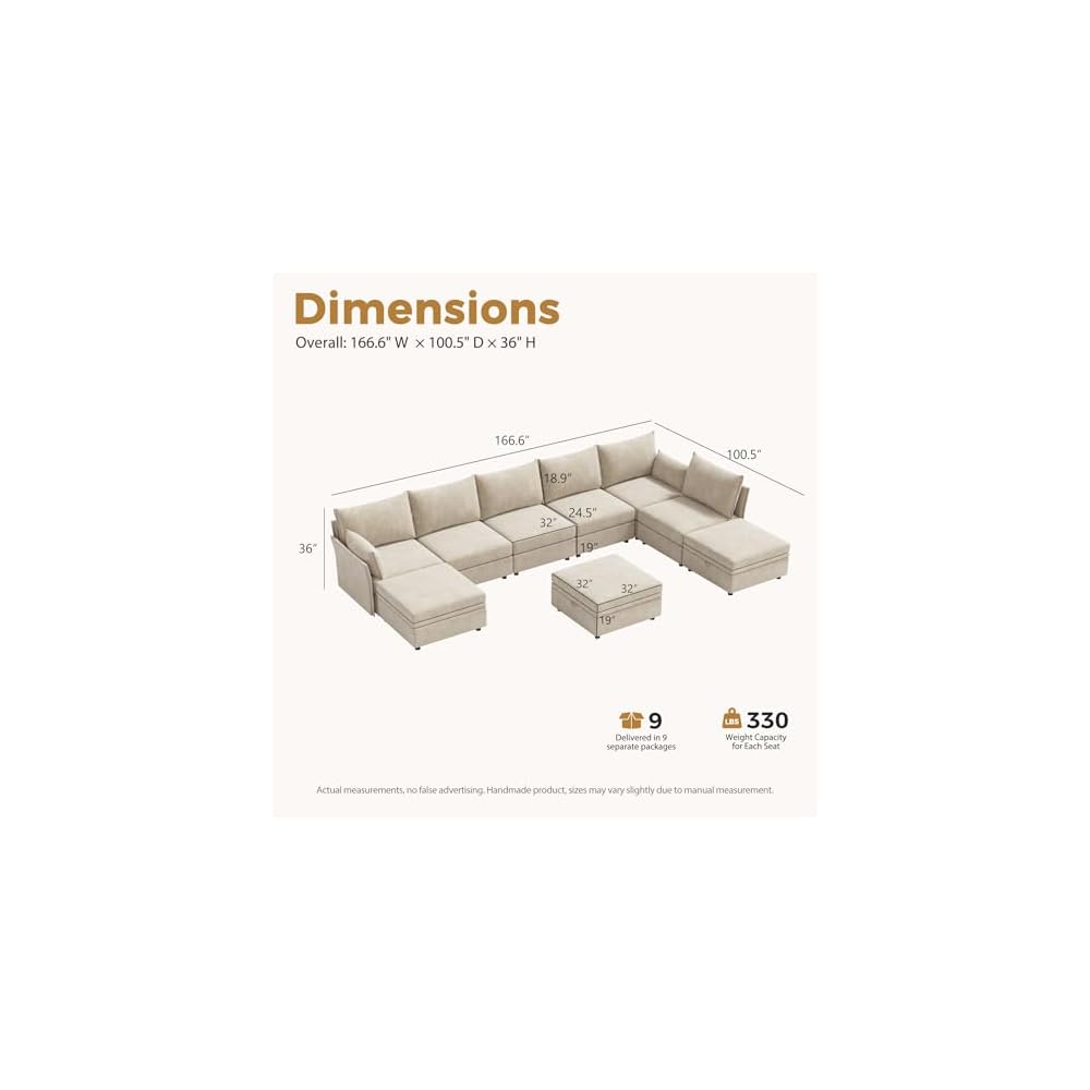 ABCASA 166.6" Oversized Modular Sectional Sofa, Large 9 Seater L Shaped Couch with Storage Ottoman with Reversible Chaise Deep Seat for Living Room, Apartment - Beige Chenille