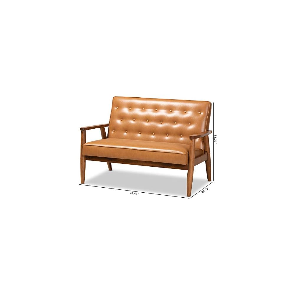 Baxton Studio Sorrento Mid-Century Modern Tan Faux Leather Upholstered and Walnut Brown Finished Wood Loveseat