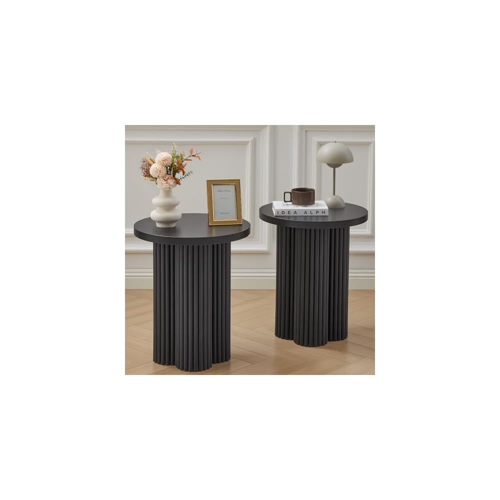 Small Sofa Side Table Set of 2, Fluted Accent Pedestal End Table, Wood Round Night Stand, Farmhouse Bed Side Table Drink Tables for Living Room, Small Spaces (Walnut-2PCS)
