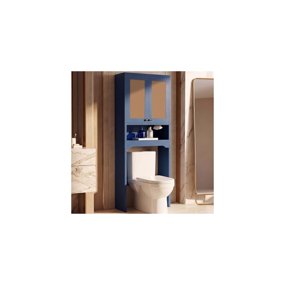 Over the Toilet Storage Cabinet with Doors, Rattan Bathroom Cabinet, White