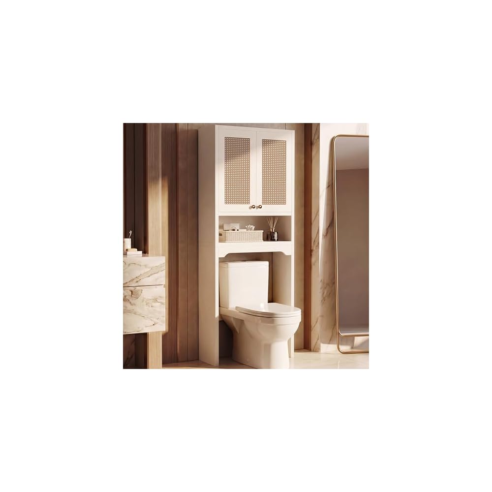 Over the Toilet Storage Cabinet with Doors, Rattan Bathroom Cabinet, White