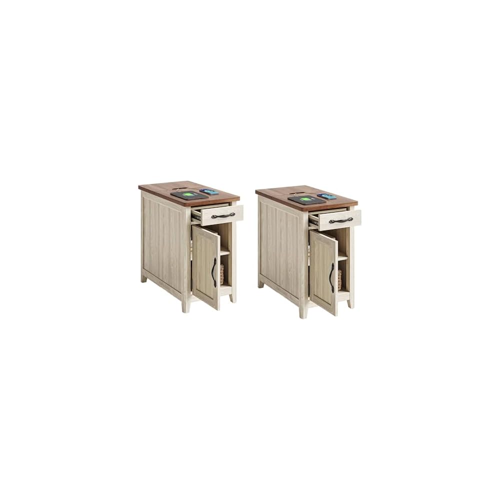 LINSY HOME Set of 2 Charging End Tables with USB, Wooden Door, Washed Grey