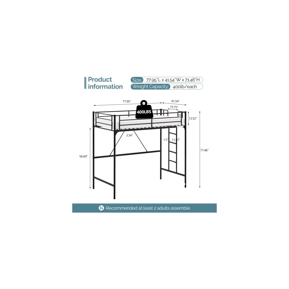 Bonnlo Metal Loft Bed with Stairs and Flat Rung, Junior Loft Bed Twin Size High Loft Bed for Kids/Teens/Adults, No Box Spring Required, Black