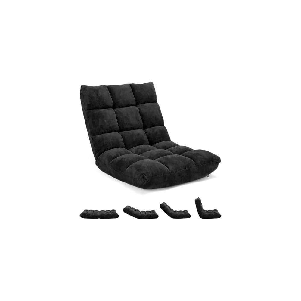 14-Position Floor Sofa, Folding Gaming Sofa Chair, Comfy Cushions & Study Steel Frame, Angle Adjustable Sleeper Bed, Couch Recliner (Black)