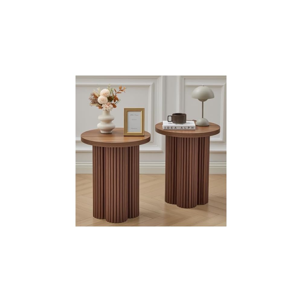Small Sofa Side Table Set of 2, Fluted Accent Pedestal End Table, Wood Round Night Stand, Farmhouse Bed Side Table Drink Tables for Living Room, Small Spaces (Walnut-2PCS)