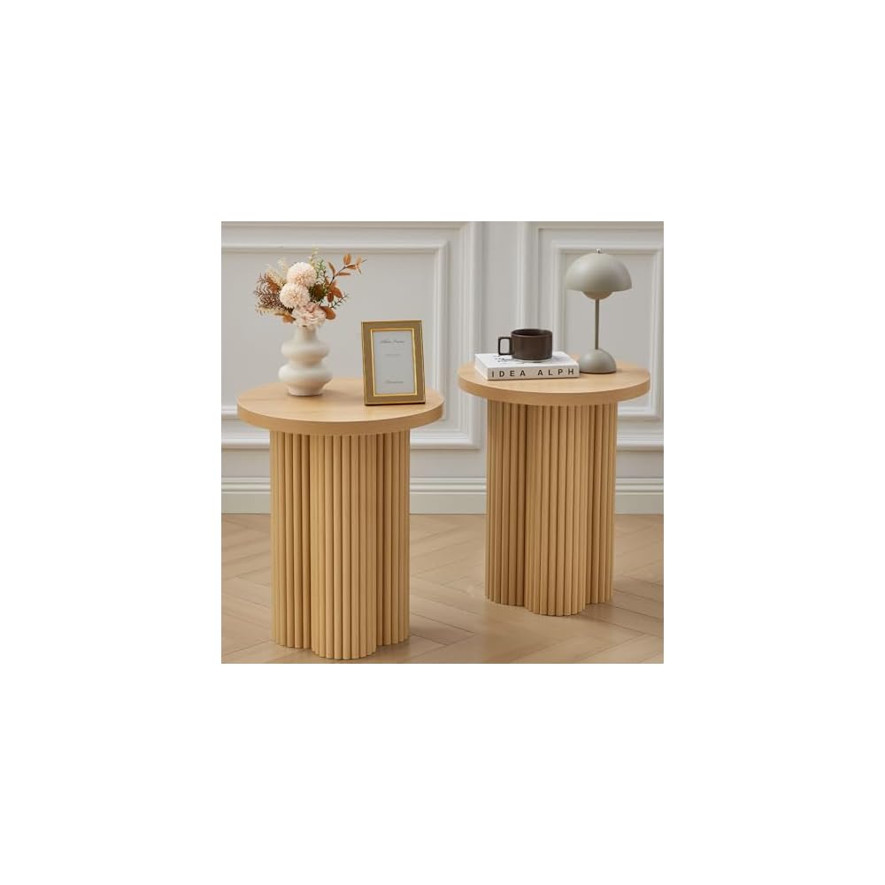 Small Sofa Side Table Set of 2, Fluted Accent Pedestal End Table, Wood Round Night Stand, Farmhouse Bed Side Table Drink Tables for Living Room, Small Spaces (Walnut-2PCS)