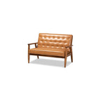 Baxton Studio Sorrento Mid-Century Modern Tan Faux Leather Upholstered and Walnut Brown Finished Wood Loveseat