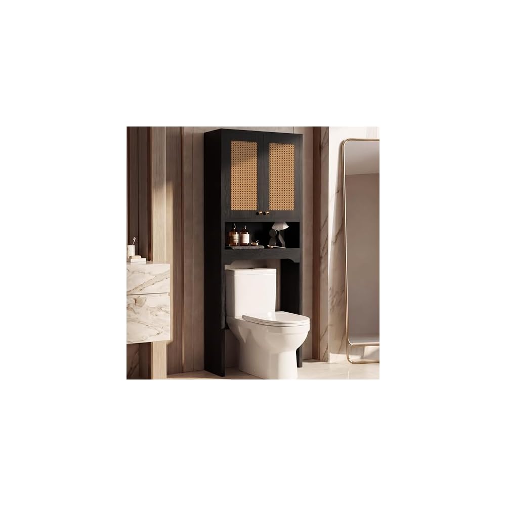 Over the Toilet Storage Cabinet with Doors, Rattan Bathroom Cabinet, White