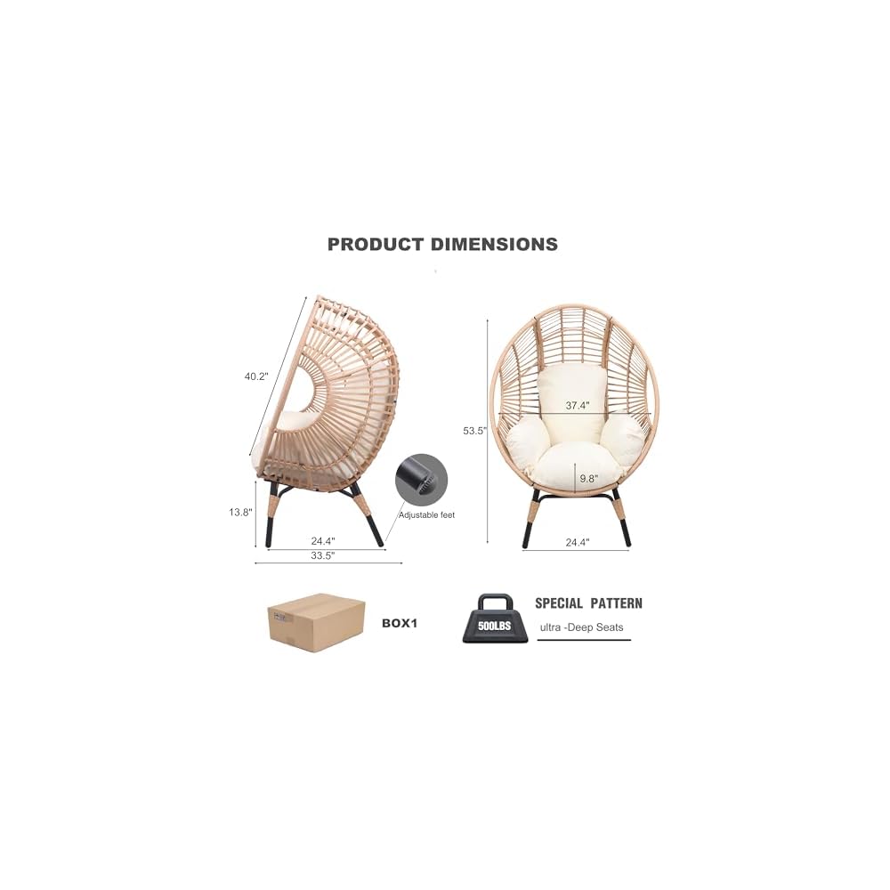 Oversized Wicker Egg-Chair Outdoor Indoor Rattan Patio Egg Lounge Chairs with Cushion 500lbs Capacity for Living Room, Balcony, Backyard(Beige)