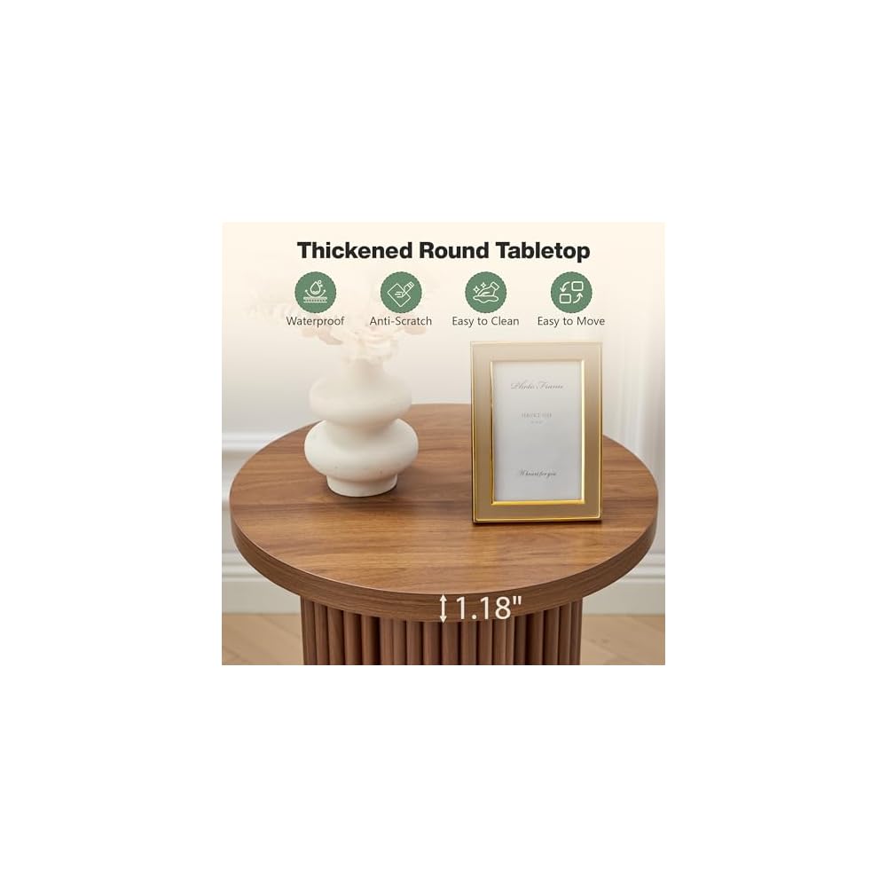 Small Sofa Side Table Set of 2, Fluted Accent Pedestal End Table, Wood Round Night Stand, Farmhouse Bed Side Table Drink Tables for Living Room, Small Spaces (Walnut-2PCS)