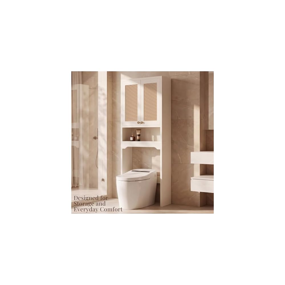 Over the Toilet Storage Cabinet with Doors, Rattan Bathroom Cabinet, White