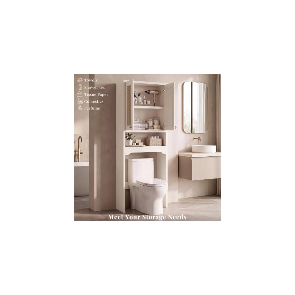 Over the Toilet Storage Cabinet with Doors, Rattan Bathroom Cabinet, White