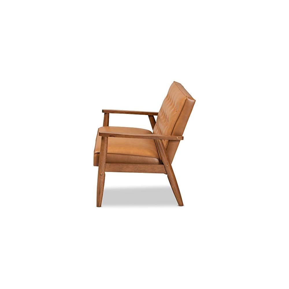 Baxton Studio Sorrento Mid-Century Modern Tan Faux Leather Upholstered and Walnut Brown Finished Wood Loveseat