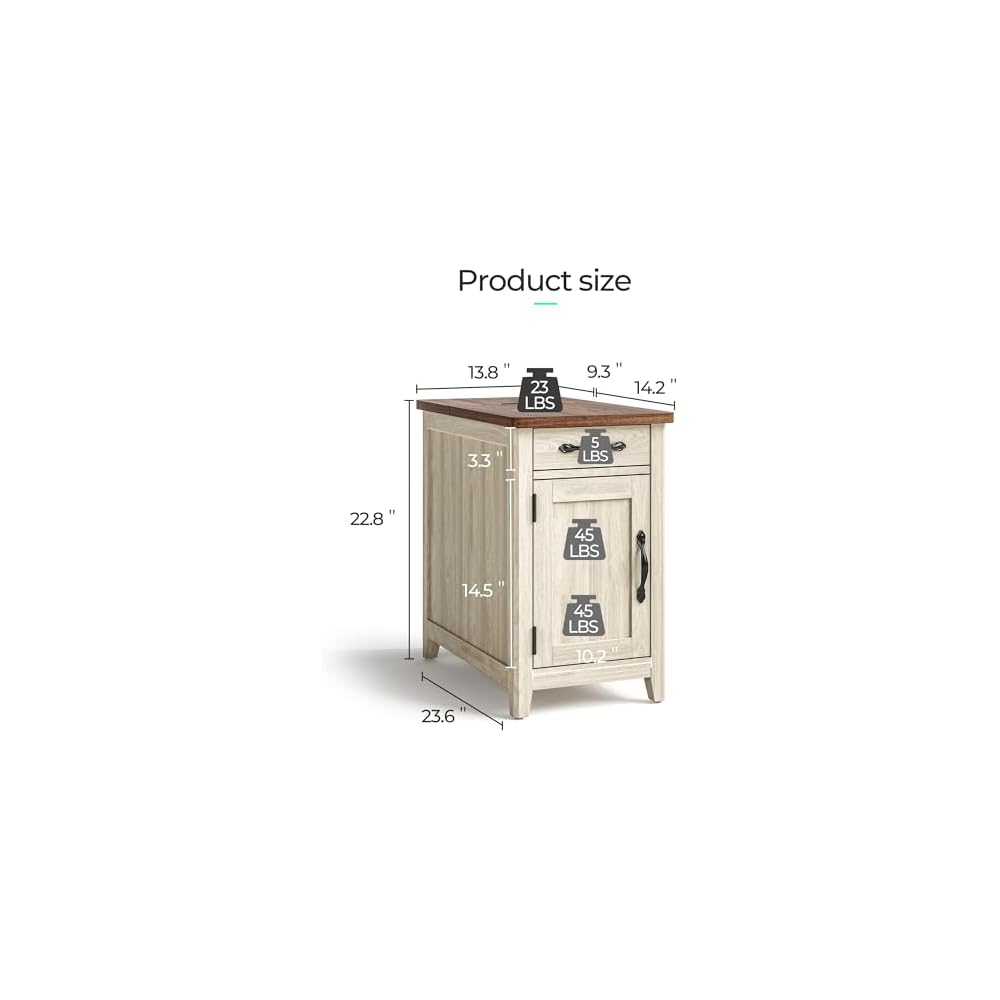 LINSY HOME Set of 2 Charging End Tables with USB, Wooden Door, Washed Grey