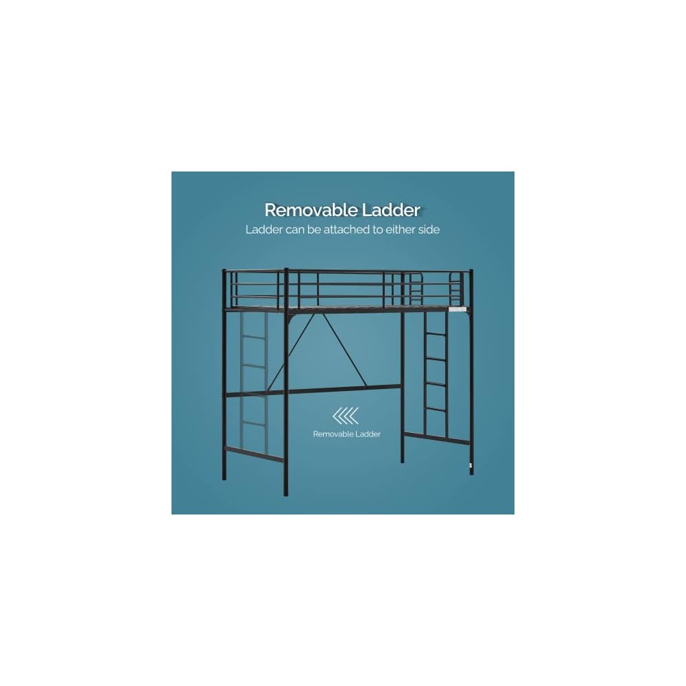 Bonnlo Metal Loft Bed with Stairs and Flat Rung, Junior Loft Bed Twin Size High Loft Bed for Kids/Teens/Adults, No Box Spring Required, Black