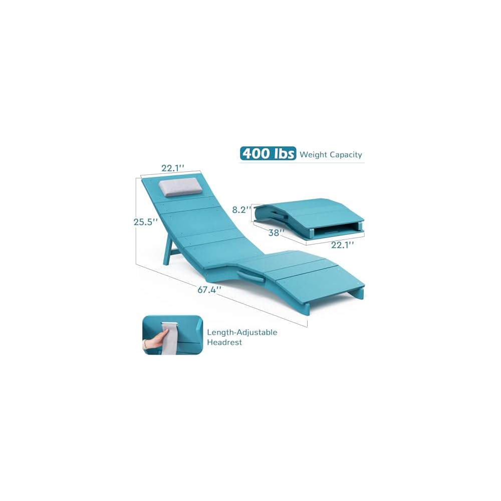Stoog Folding Pool Chaise Lounge Chair, HIPS Anti-Floating Outdoor Recliner with Headrest, Heavy Duty Patio Furniture for Hotel, Beach & Sun Deck, Turquoise