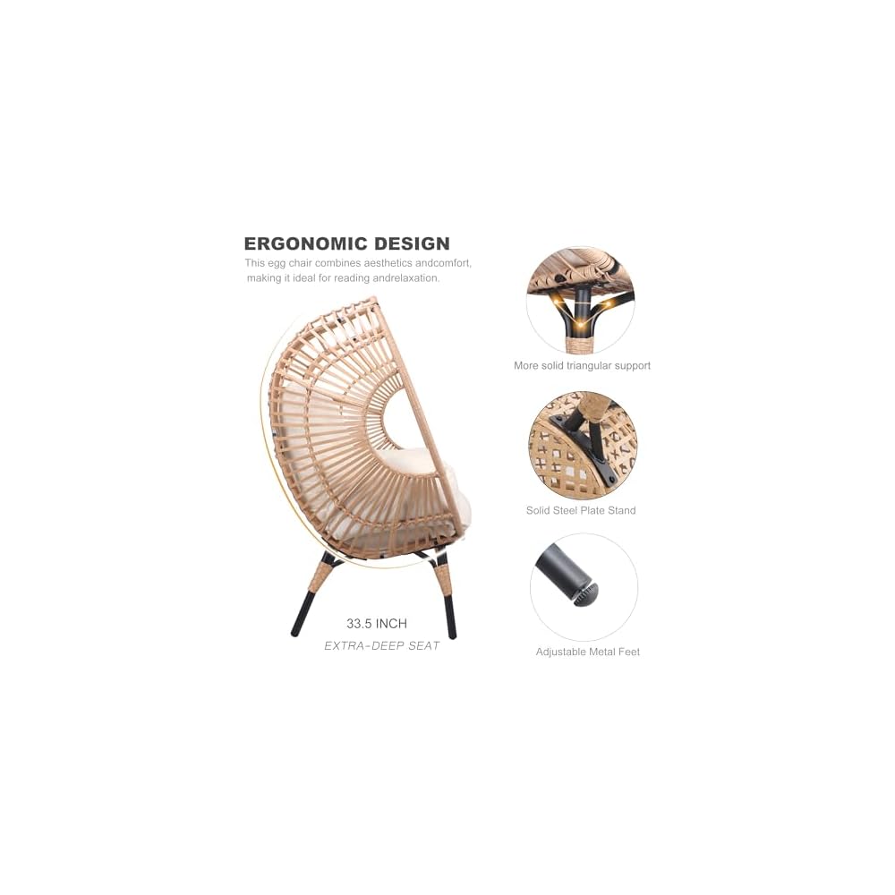 Oversized Wicker Egg-Chair Outdoor Indoor Rattan Patio Egg Lounge Chairs with Cushion 500lbs Capacity for Living Room, Balcony, Backyard(Beige)