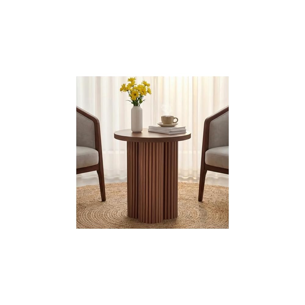 Small Sofa Side Table Set of 2, Fluted Accent Pedestal End Table, Wood Round Night Stand, Farmhouse Bed Side Table Drink Tables for Living Room, Small Spaces (Walnut-2PCS)