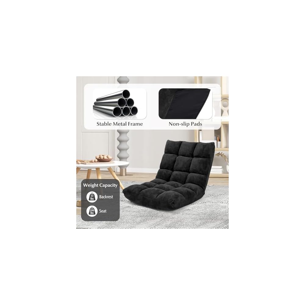 14-Position Floor Sofa, Folding Gaming Sofa Chair, Comfy Cushions & Study Steel Frame, Angle Adjustable Sleeper Bed, Couch Recliner (Black)