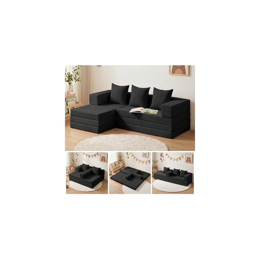 Boneless Couch, L Shaped Couch with Chaise, 5-in-1 Comfy Corduroy Fluffy Sofas, Mini Flexible Module Combination Compact Room Couch, No Assembly, Black