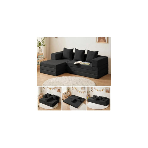 Boneless Couch, L Shaped Couch with Chaise, 5-in-1 Comfy Corduroy Fluffy Sofas, Mini Flexible Module Combination Compact Room Couch, No Assembly, Black