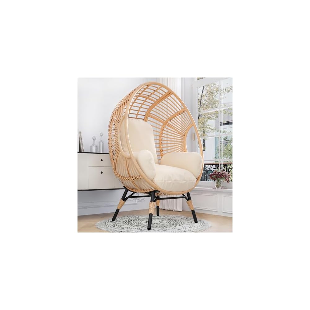 Oversized Wicker Egg-Chair Outdoor Indoor Rattan Patio Egg Lounge Chairs with Cushion 500lbs Capacity for Living Room, Balcony, Backyard(Beige)