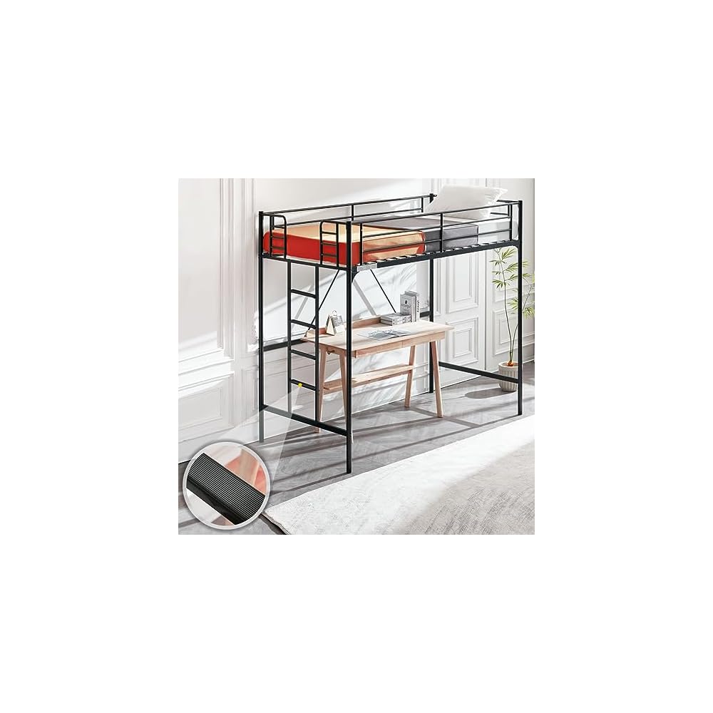 Bonnlo Metal Loft Bed with Stairs and Flat Rung, Junior Loft Bed Twin Size High Loft Bed for Kids/Teens/Adults, No Box Spring Required, Black