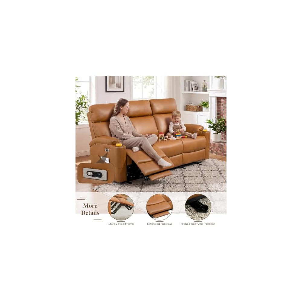 Power Reclining Sofa, 3-Seat Dual Electric Recliner Couch, Brown