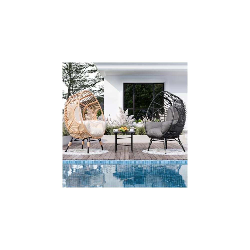 Oversized Wicker Egg-Chair Outdoor Indoor Rattan Patio Egg Lounge Chairs with Cushion 500lbs Capacity for Living Room, Balcony, Backyard(Beige)
