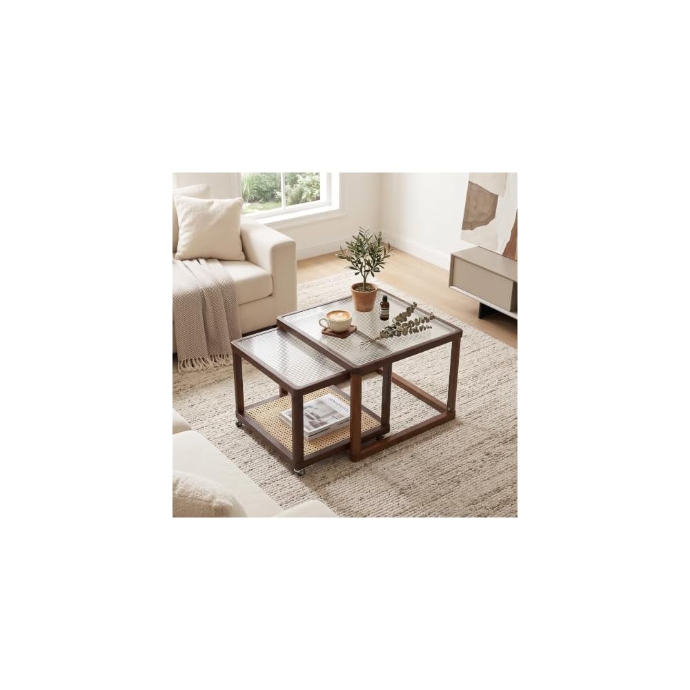 Nesting Coffee Table Set of 2, Mid-Century Modern Bamboo End Tables, Walnut