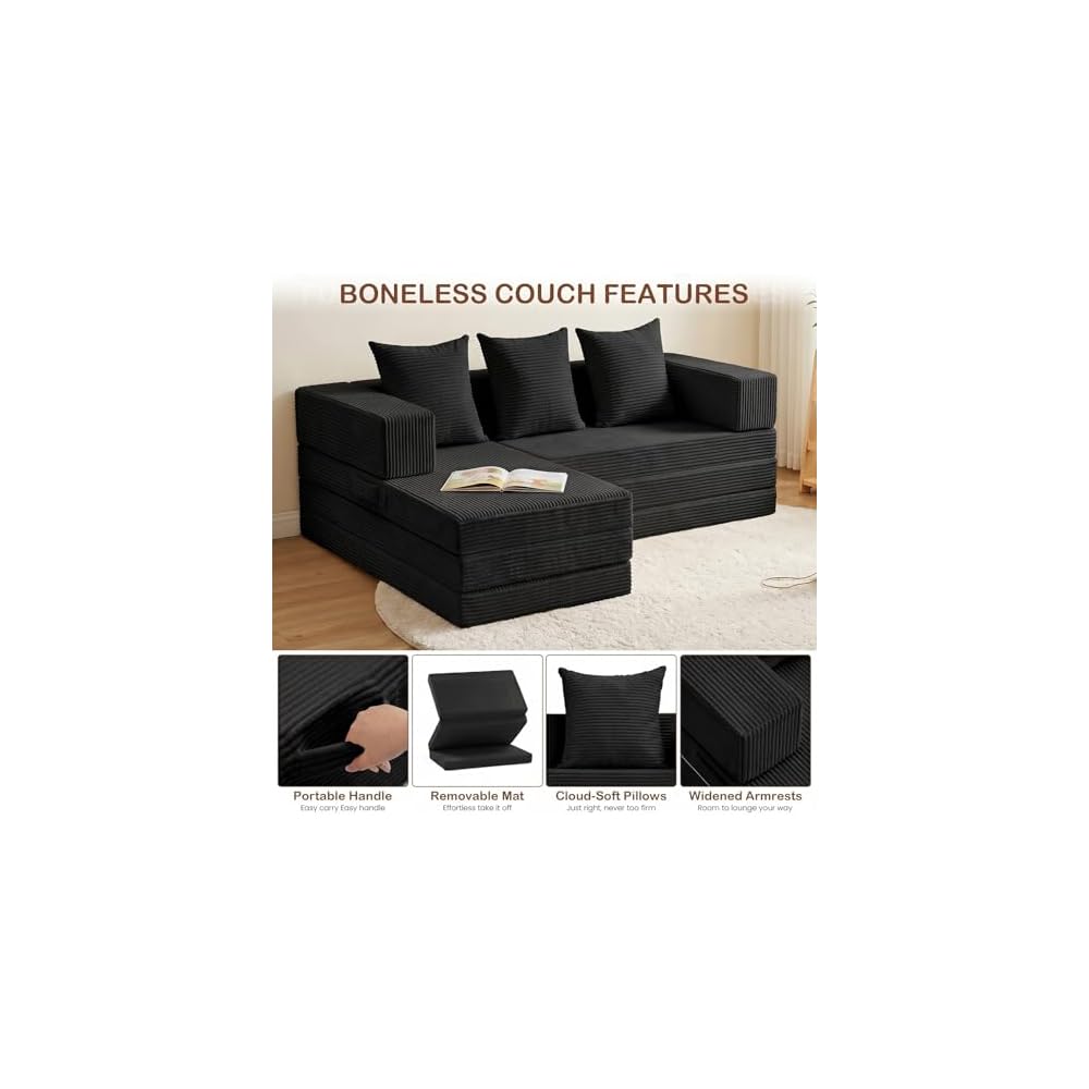 Boneless Couch, L Shaped Couch with Chaise, 5-in-1 Comfy Corduroy Fluffy Sofas, Mini Flexible Module Combination Compact Room Couch, No Assembly, Black