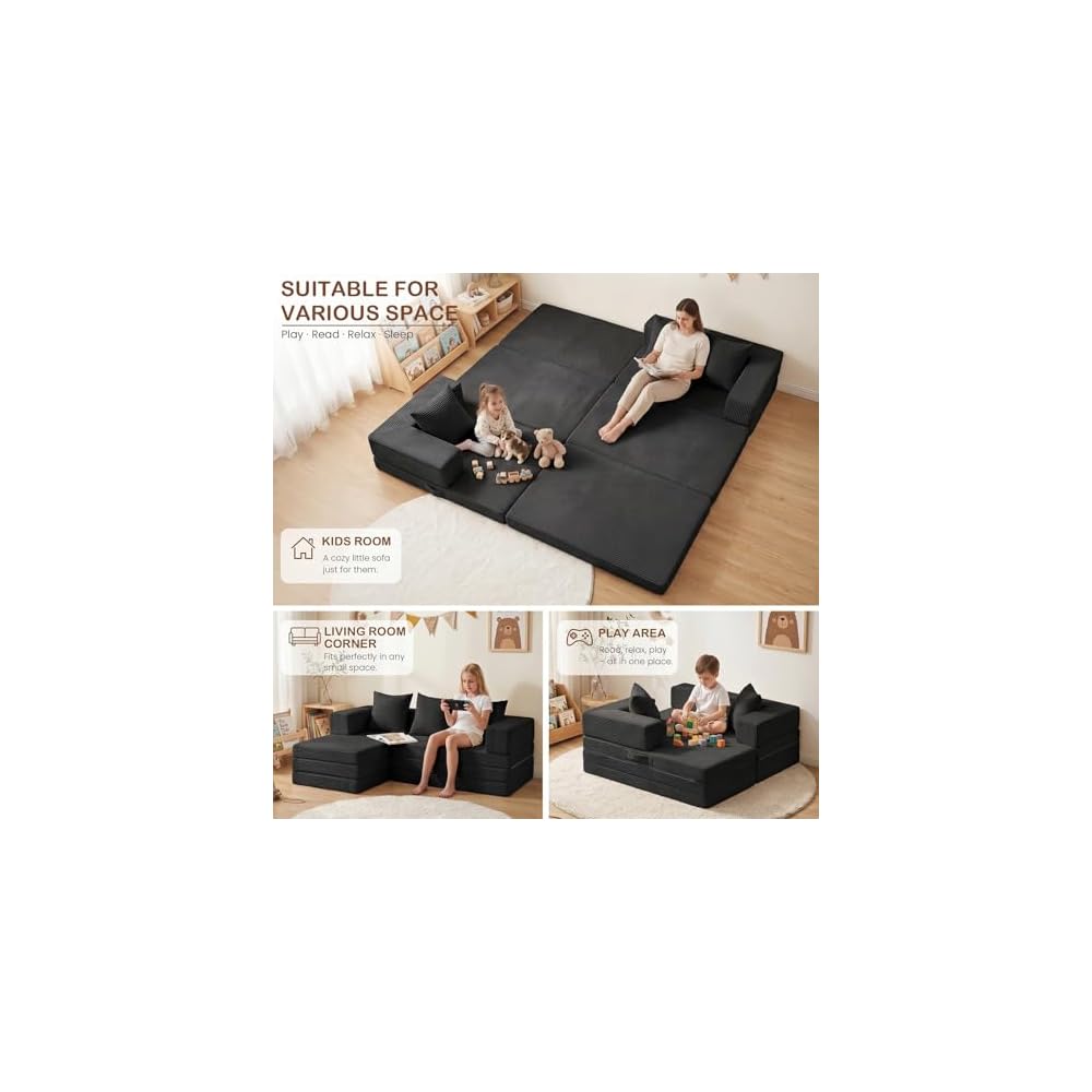 Boneless Couch, L Shaped Couch with Chaise, 5-in-1 Comfy Corduroy Fluffy Sofas, Mini Flexible Module Combination Compact Room Couch, No Assembly, Black