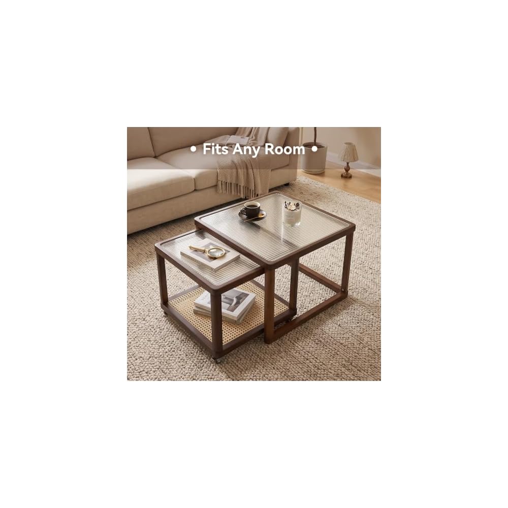 Nesting Coffee Table Set of 2, Mid-Century Modern Bamboo End Tables, Walnut