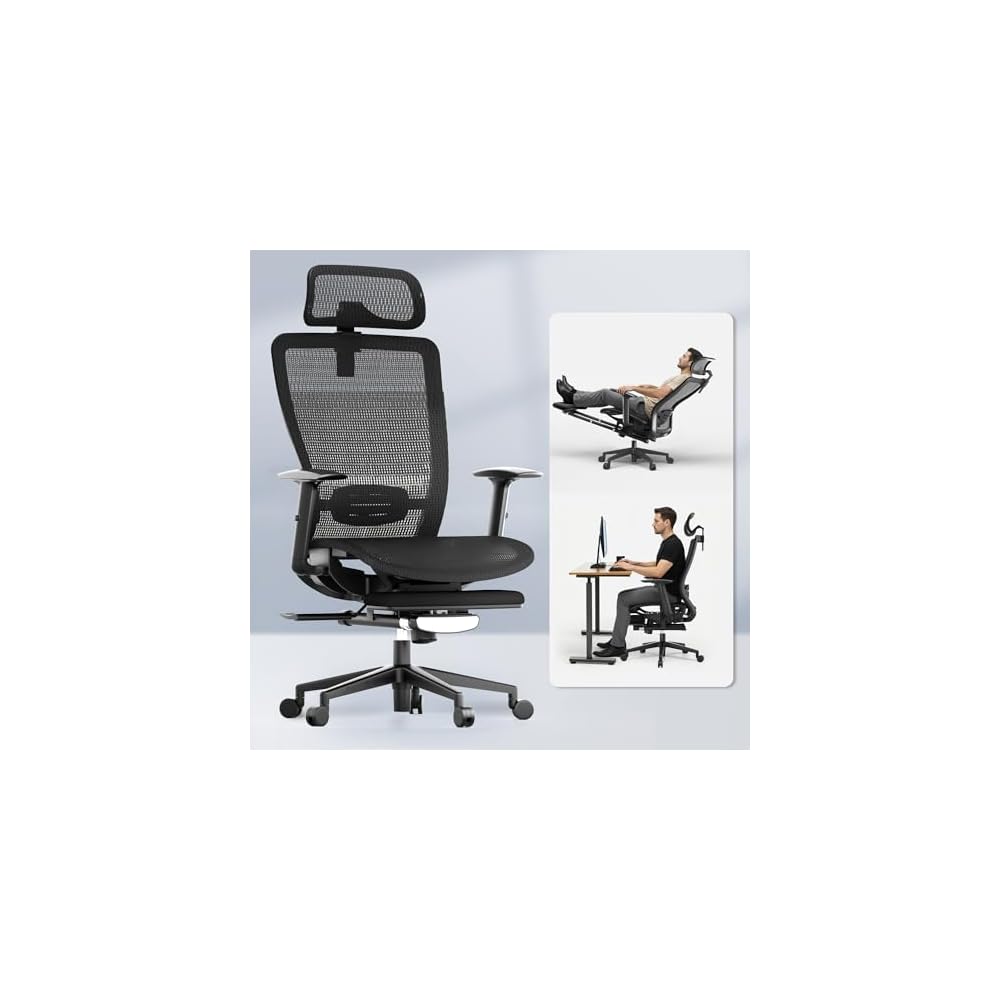 FLEXISPOT OC3 Ergo Office Chair with Footrest, One-Piece Back, MS Black