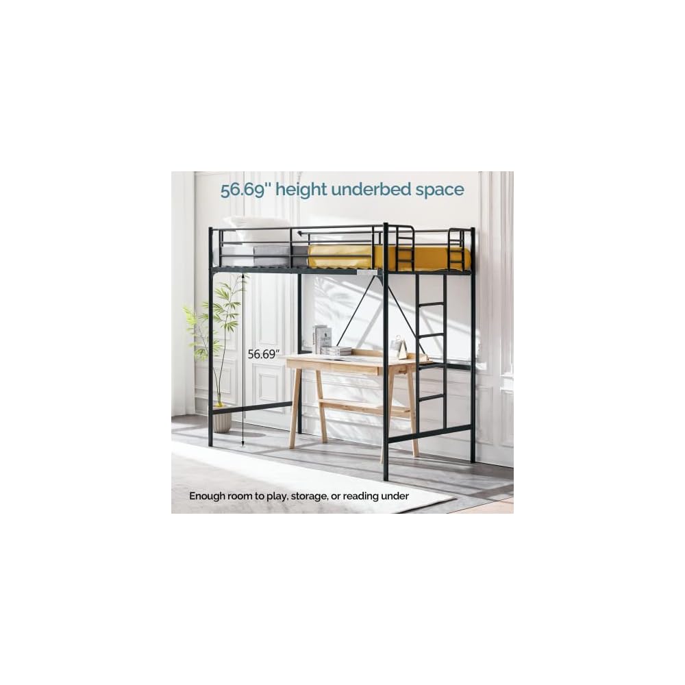 Bonnlo Metal Loft Bed with Stairs and Flat Rung, Junior Loft Bed Twin Size High Loft Bed for Kids/Teens/Adults, No Box Spring Required, Black