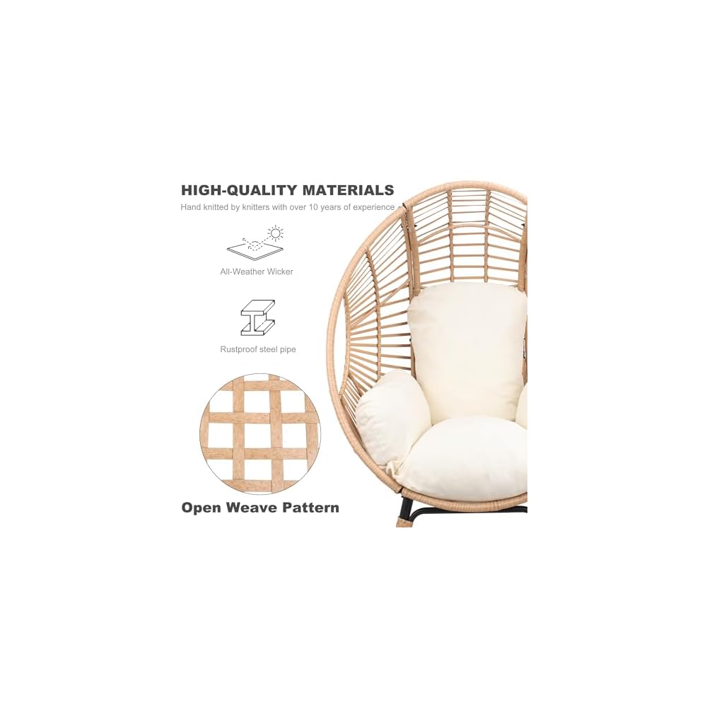 Oversized Wicker Egg-Chair Outdoor Indoor Rattan Patio Egg Lounge Chairs with Cushion 500lbs Capacity for Living Room, Balcony, Backyard(Beige)