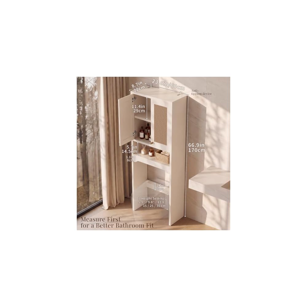 Over the Toilet Storage Cabinet with Doors, Rattan Bathroom Cabinet, White