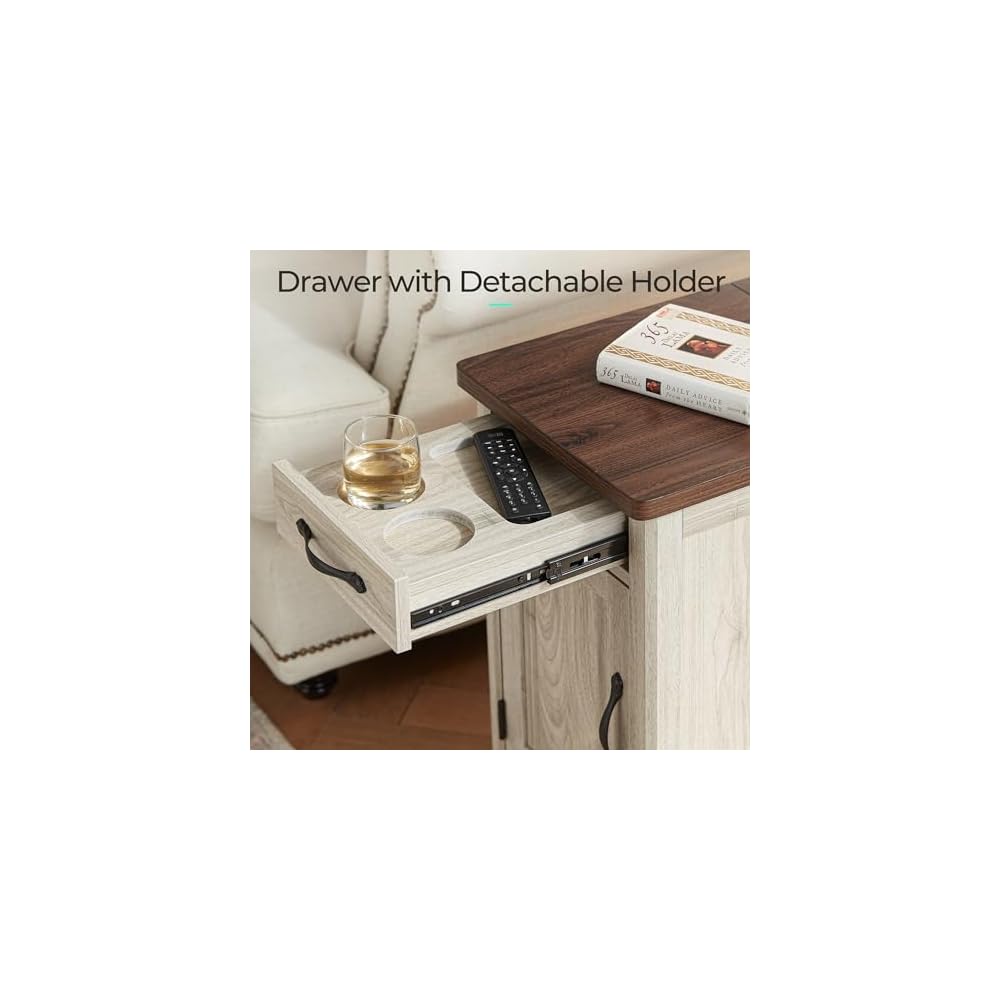 LINSY HOME Set of 2 Charging End Tables with USB, Wooden Door, Washed Grey