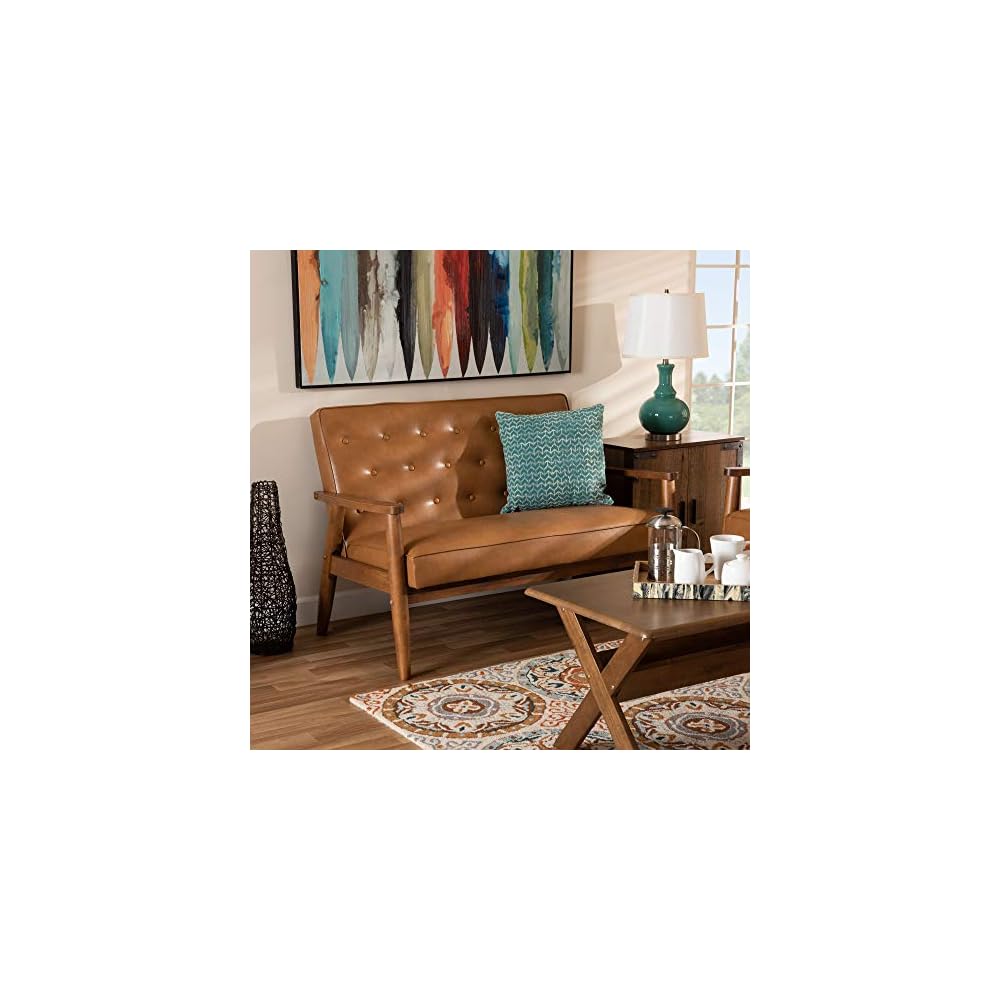 Baxton Studio Sorrento Mid-Century Modern Tan Faux Leather Upholstered and Walnut Brown Finished Wood Loveseat
