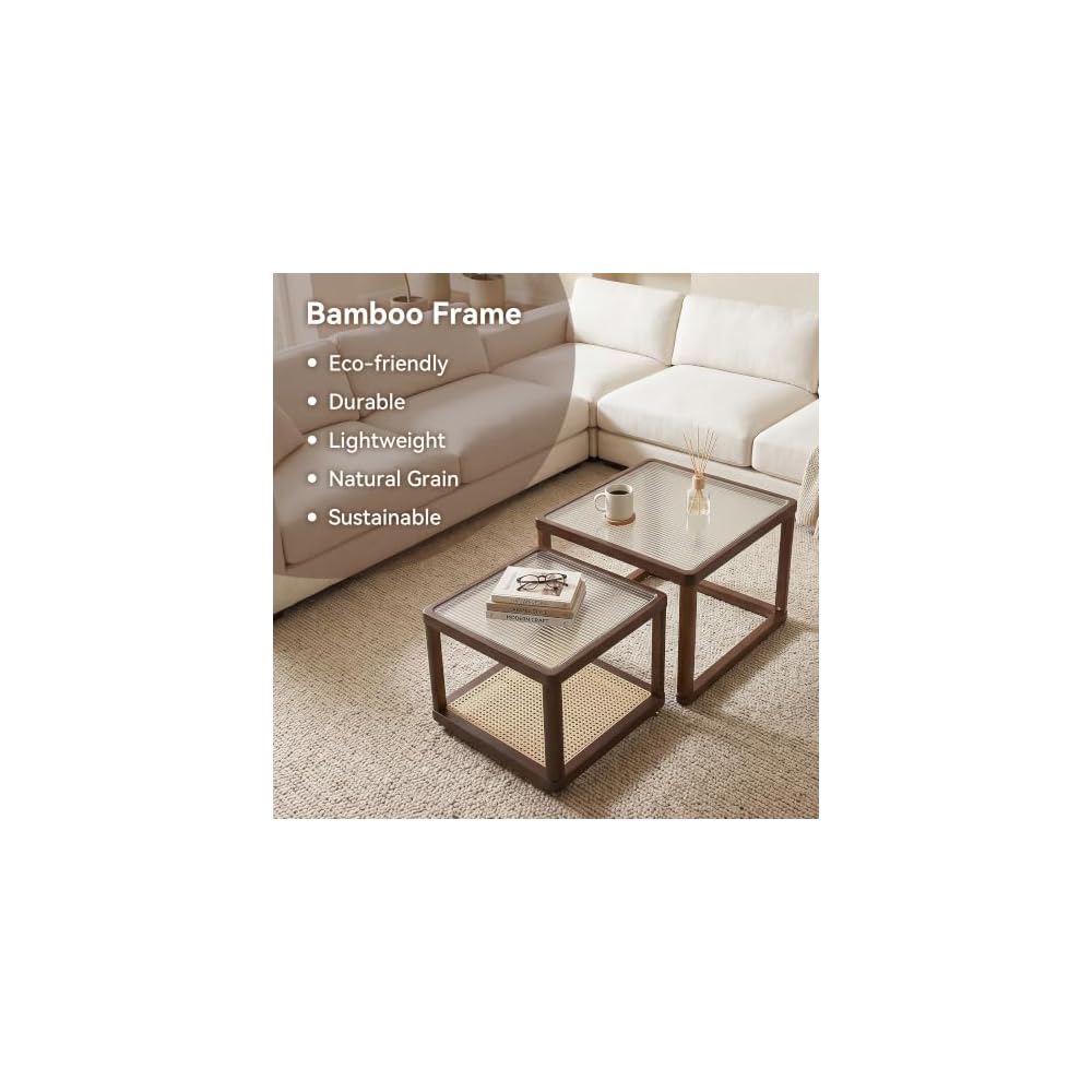 Nesting Coffee Table Set of 2, Mid-Century Modern Bamboo End Tables, Walnut