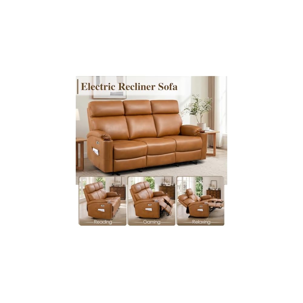 Power Reclining Sofa, 3-Seat Dual Electric Recliner Couch, Brown