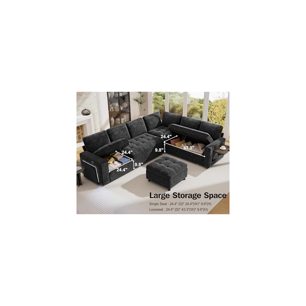 Vipbear 7 Seat L Shaped Modular Sectional Sleeper Sofa Bed with Ottoman/Pull Out Bed/Reclining Backrest/USB Ports/Table/LED Light/Storage Seat, Tool-Free Assembly, Chenille Black