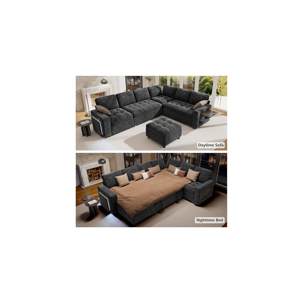Vipbear 7 Seat L Shaped Modular Sectional Sleeper Sofa Bed with Ottoman/Pull Out Bed/Reclining Backrest/USB Ports/Table/LED Light/Storage Seat, Tool-Free Assembly, Chenille Black