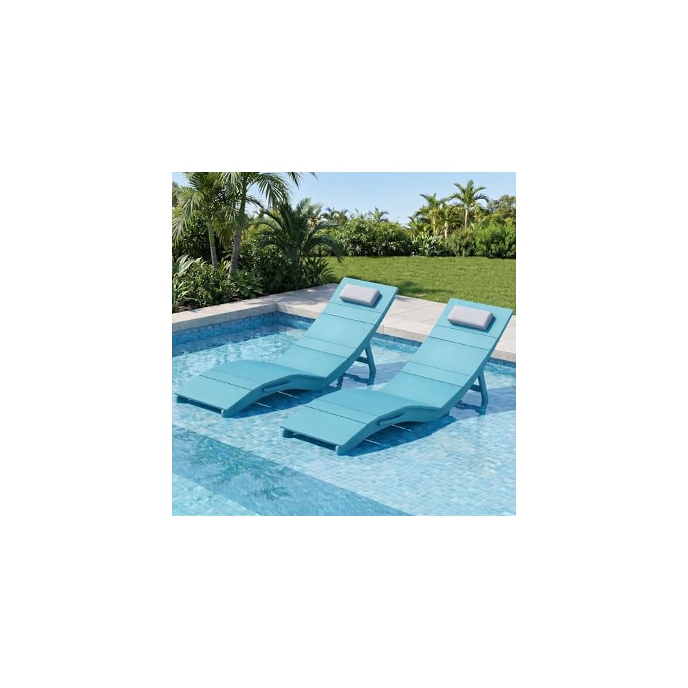 Stoog Folding Pool Chaise Lounge Chair, HIPS Anti-Floating Outdoor Recliner with Headrest, Heavy Duty Patio Furniture for Hotel, Beach & Sun Deck, Turquoise