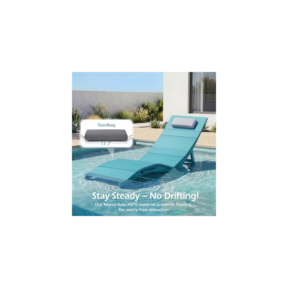 Stoog Folding Pool Chaise Lounge Chair, HIPS Anti-Floating Outdoor Recliner with Headrest, Heavy Duty Patio Furniture for Hotel, Beach & Sun Deck, Turquoise