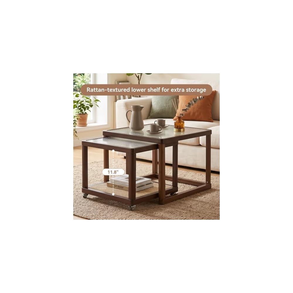 Nesting Coffee Table Set of 2, Mid-Century Modern Bamboo End Tables, Walnut